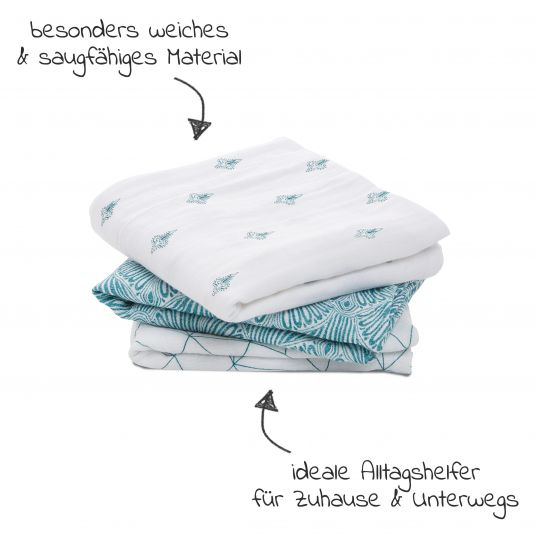 aden + anais Pack of 3 Classic Musy muslin diaper 70 x 70 cm - Paisley Teal - White Petrol