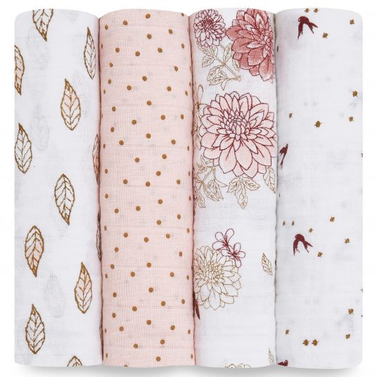 aden + anais Swaddle / muslin cloth / puck cloth - Classic Swaddles - Pack of 4 - 120 x 120 cm - Dahlias - White Pink