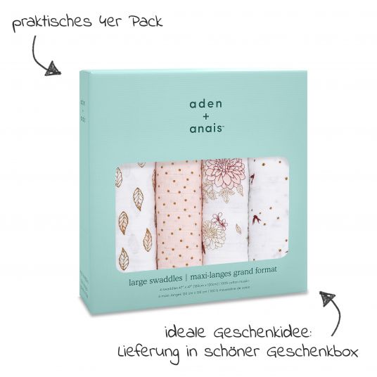 aden + anais Mullwindel / Mulltuch / Pucktuch - Classic Swaddles - 4er Pack - 120 x 120 cm - Dahlias - Weiß Rosa