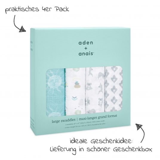 aden + anais Gauze diaper / muslin cloth / puck cloth - Classic Swaddles - Pack of 4 - 120 x 120 cm - Now + Zen