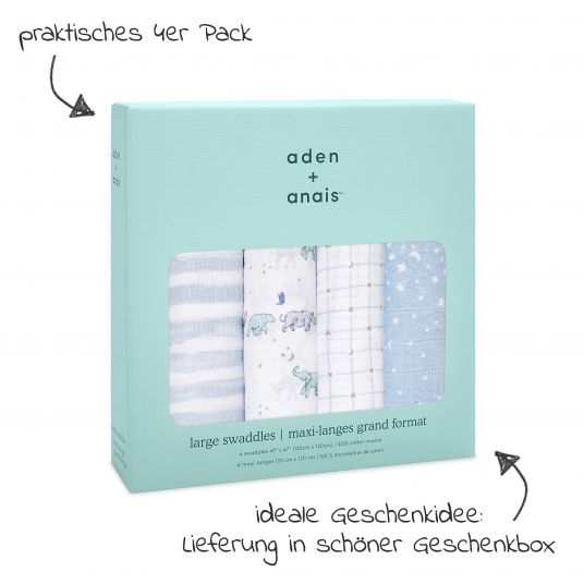 aden + anais Gauze Diaper / Gauze Cloth / Puck Cloth - Classic Swaddles - Pack of 4 - 120 x 120 cm - Rising Star