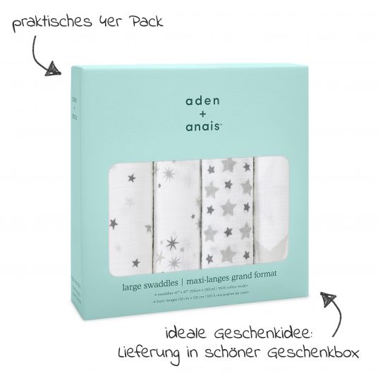aden + anais Mullwindel / Mulltuch / Pucktuch - Classic Swaddles - 4er Pack - 120 x 120 cm - Twinkle