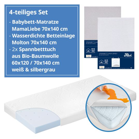 Alvi 4-piece mattress set for crib 70x140 cm - baby crib mattress MamaLiebe + bed insert + 2 fitted sheets