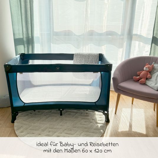 Alvi 5-tlg. Zubehör-Set für Reisebetten 60 x 120 cm - Reisebettmatratze Komfort klappbar + Wasserdichte Betteinlage + 2 weiße Spannbettlaken + Insektenschutz