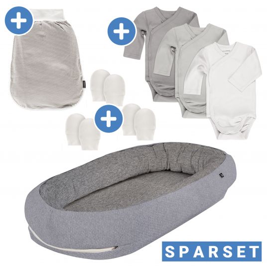 Alvi 8-piece slumber set - nest + 3 bodysuits + romper bag + 3 scratch mittens - Grey White