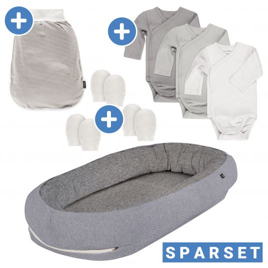 Alvi Set per il sonno da 8 pezzi - nido + 3 body + borsa con pagliaccetto + 3 guanti da grattare - grigio bianco