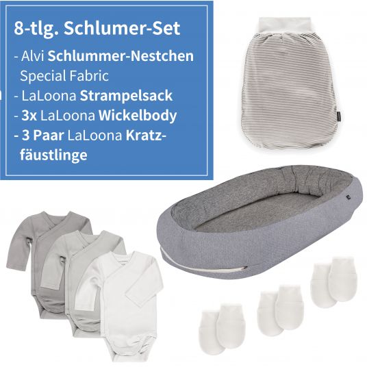 Alvi 8-tlg. Schlummer-Set - Nestchen + 3 Bodys + Strampelsack + 3 Kratzfäustlinge - Grau Weiß