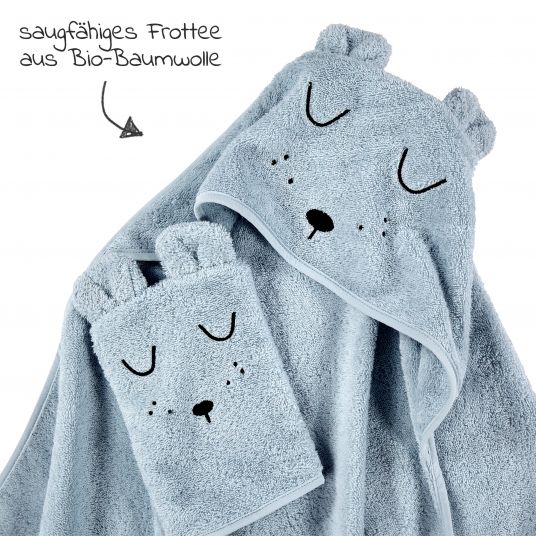 Alvi Bath Set Organic Cotton - Hooded bath towel + wash mitt - Faces - Blue