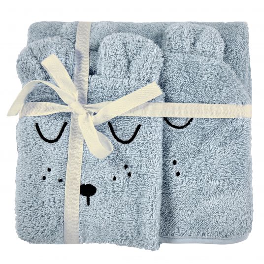 Alvi Bath Set Organic Cotton - Hooded bath towel + wash mitt - Faces - Blue