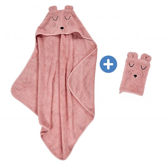 Alvi Set da bagno in cotone biologico - Asciugamano con cappuccio + guanto di lavaggio - Faces - Rosa
