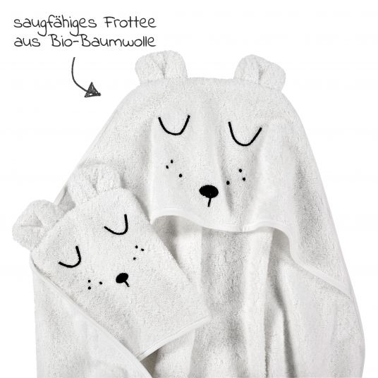 Alvi Bath Set Organic Cotton - Hooded bath towel + wash mitt - Faces - White
