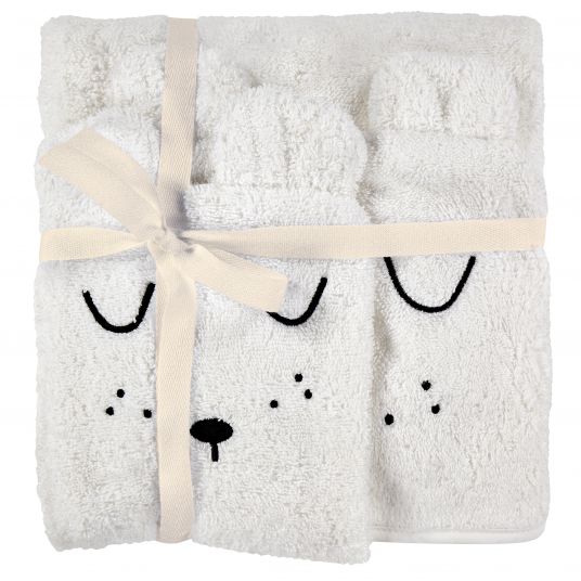 Alvi Set da bagno in cotone biologico - Asciugamano con cappuccio + guanto di lavaggio - Faces - Bianco