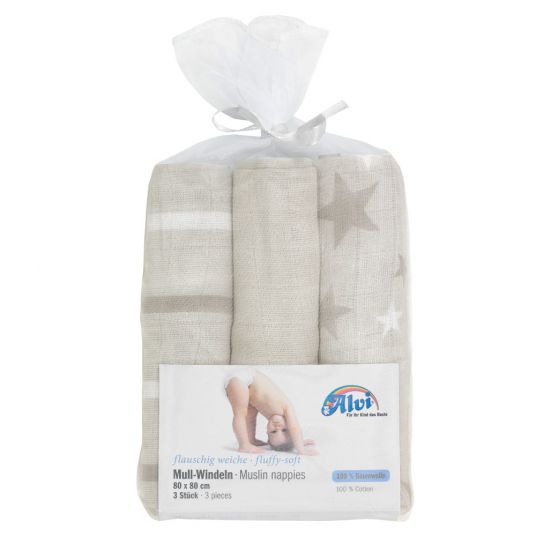 Alvi Gauze diaper pack of 3 80 x 80 cm - Stars - Grey