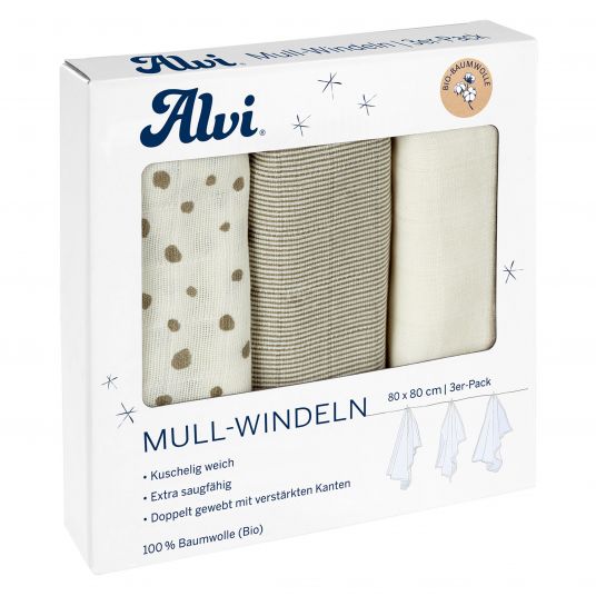 Alvi Gauze diaper / gauze cloth 3-pack - Organic Cotton 80 x 80 cm - Aqua Dot