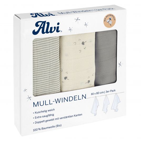 Alvi Mullwindel / Mulltuch 3er Pack - Organic Cotton 80 x 80 cm - Faces