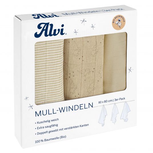Alvi Mullwindel / Mulltuch 3er Pack - Organic Cotton 80 x 80 cm - Starfant