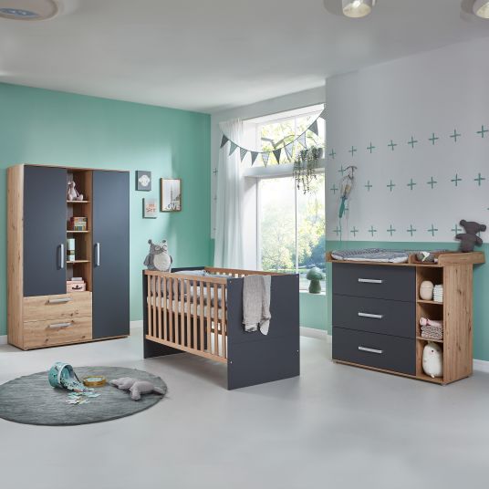 Arthur Berndt 3-piece nursery set Alessio with 3-door wardrobe, bed, changing unit with changing unit - Artisan-Oak / Anthracite