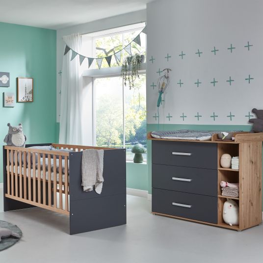 Arthur Berndt 3-piece nursery set Alessio with 3-door wardrobe, bed, changing unit with changing unit - Artisan-Oak / Anthracite