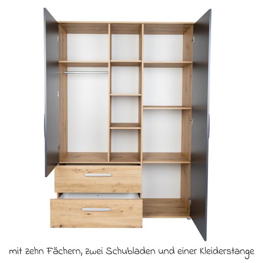 Arthur Berndt 3-tlg Kinderzimmer-Set Alessio mit 3-türigem Schrank, Bett, Wickelkommode mit Wickelaufsatz - Artisan-Oak / Anthrazit