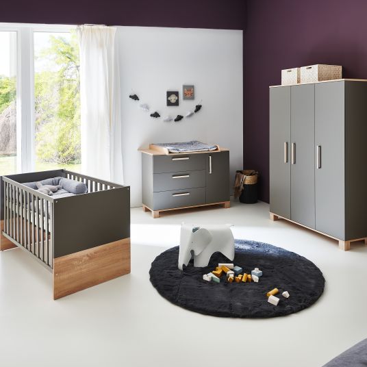 Arthur Berndt Set nursery 3 pezzi Cloe con armadio a 3 ante, letto, fasciatoio con fasciatoio - lava opaca / rovere segato