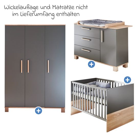 Arthur Berndt 3-tlg Kinderzimmer-Set Cloe mit 3-türigem Schrank, Bett, Wickelkommode mit Wickelaufsatz - Lava Matt / Eiche Sägerau