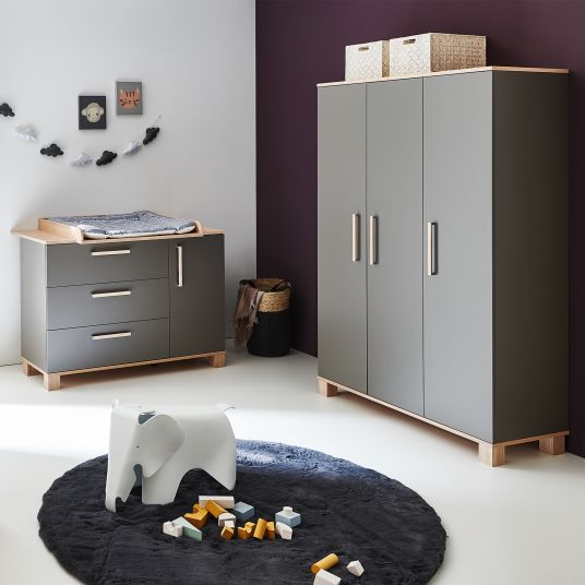 Arthur Berndt Set nursery 3 pezzi Cloe con armadio a 3 ante, letto, fasciatoio con fasciatoio - lava opaca / rovere segato