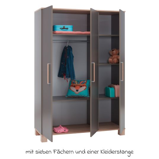 Arthur Berndt 3-piece children's room set Cloe with 3-door wardrobe, bed, changing unit with changing unit - Lava matt / oak saw-rough