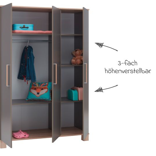 Arthur Berndt 3-tlg Kinderzimmer-Set Cloe mit 3-türigem Schrank, Bett, Wickelkommode mit Wickelaufsatz - Lava Matt / Eiche Sägerau