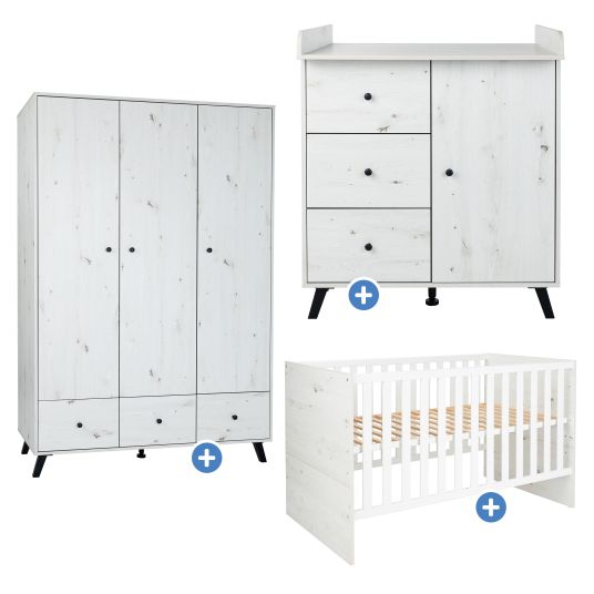 Arthur Berndt 3-piece nursery set Lavea with 3-door wardrobe, bed, changing unit with changing unit - White-Oak / Black