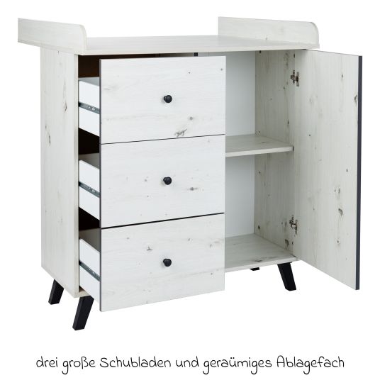 Arthur Berndt 3-tlg Kinderzimmer-Set Lavea mit 3-türigem Schrank, Bett, Wickelkommode mit Wickelaufsatz - White-Oak / Schwarz