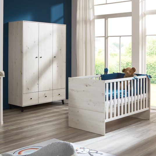 Arthur Berndt 3-tlg Kinderzimmer-Set Lavea mit 3-türigem Schrank, Bett, Wickelkommode mit Wickelaufsatz - White-Oak / Schwarz