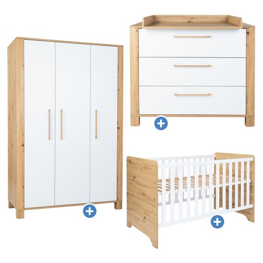 Arthur Berndt 3-tlg Kinderzimmer-Set Marlon mit 3-türigem Schrank, Bett, Wickelkommode mit Wickelaufsatz - Artisan-Oak / Kreideweiß