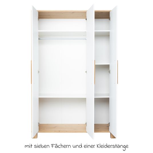 Arthur Berndt 3-tlg Kinderzimmer-Set Marlon mit 3-türigem Schrank, Bett, Wickelkommode mit Wickelaufsatz - Artisan-Oak / Kreideweiß