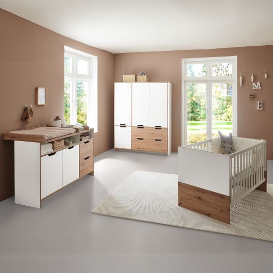 Arthur Berndt Set nursery Maxim 3 pezzi con armadio a 4 ante, letto, fasciatoio con fasciatoio - bianco gesso / rovere artigianale