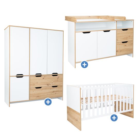 Arthur Berndt 3-piece Maxim nursery set with 4-door wardrobe, bed, changing unit with changing unit - chalk white / Artisan oak