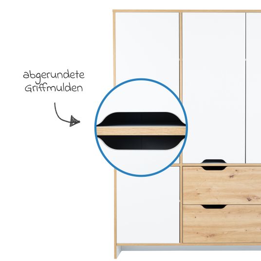 Arthur Berndt 3-piece Maxim nursery set with 4-door wardrobe, bed, changing unit with changing unit - chalk white / Artisan oak