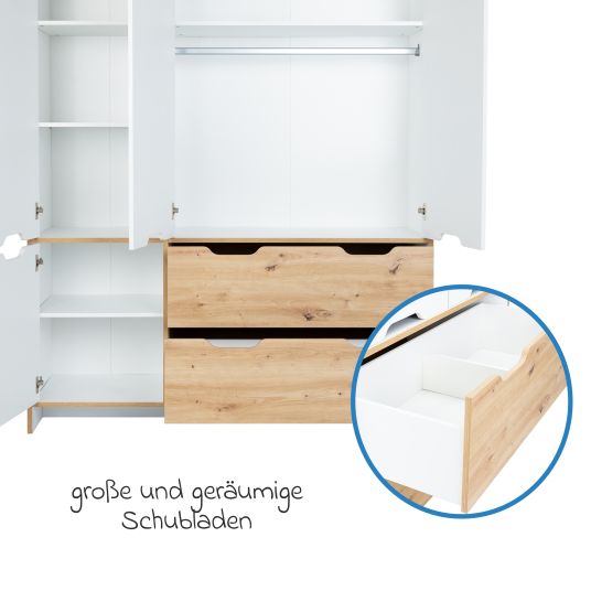 Arthur Berndt 3-tlg Kinderzimmer-Set Maxim mit 4-türigem Schrank, Bett, Wickelkommode mit Wickelaufsatz - Kreideweiß / Artisan-Oak