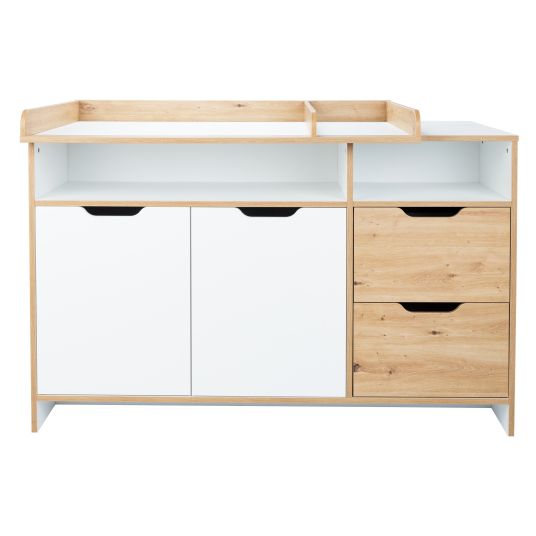 Arthur Berndt 3-tlg Kinderzimmer-Set Maxim mit 4-türigem Schrank, Bett, Wickelkommode mit Wickelaufsatz - Kreideweiß / Artisan-Oak