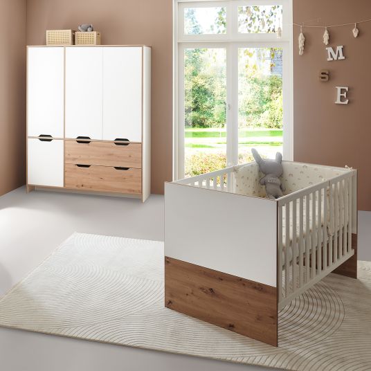 Arthur Berndt Set nursery Maxim 3 pezzi con armadio a 4 ante, letto, fasciatoio con fasciatoio - bianco gesso / rovere artigianale