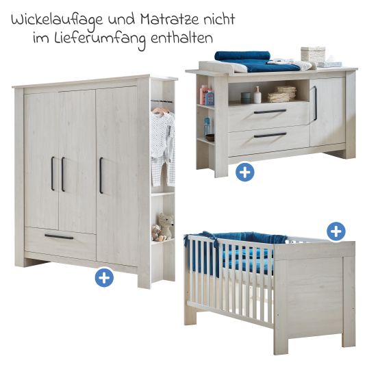 Arthur Berndt 3-tlg Kinderzimmer-Set Til mit 3-türigem Schrank, Bett, extrabreite Wickelkommode mit Wickelaufsatz - Nordic Wood