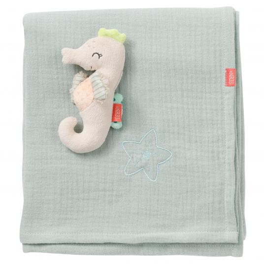 Fehn 2-piece set cuddly blanket muslin + griffin seahorse 135 x 100 cm - sea children