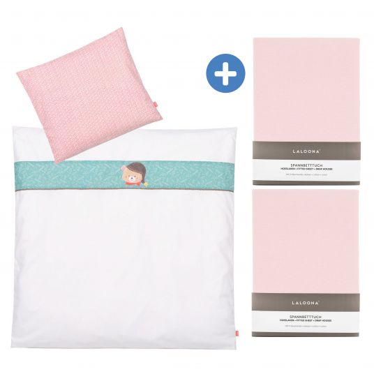 Fehn 4-piece bedding set for extra bed & cradle 90x40 cm / fitted sheet and bedding - Bruno Bear - Pink