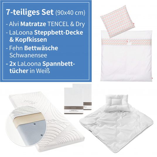 Babyartikel.de 7-tlg. Komplett-Set für Beistellbett & Wiege 90 x 40 cm / Matratze+Spannbetttücher+Steppbett-Set+Bettwäsche -Schwanensee