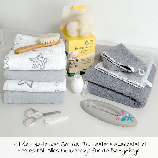 Babyartikel.de Set per la cura del bambino da 12 pezzi - set economico per la cura quotidiana del bambino - grigio stelle