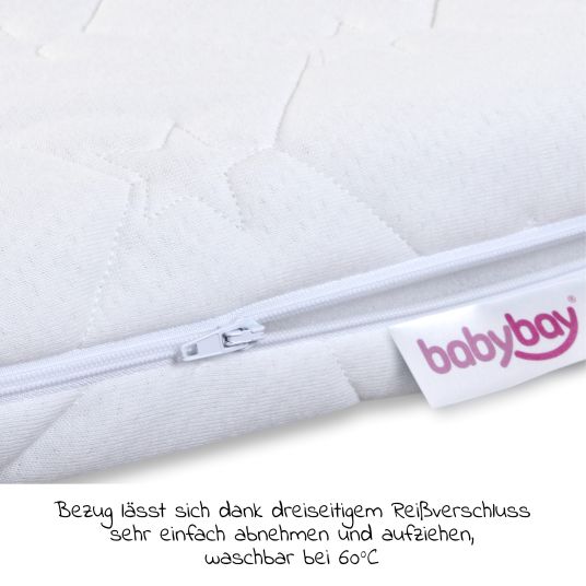 Babybay 5-tlg.- Beistellbett-Set Maxi mit Matratze Classic Fresh, Nestchen Sterne Weiß Perlgrau, Spannbetttuch Deluxe Weiß & Verschlussgitter - Weiß