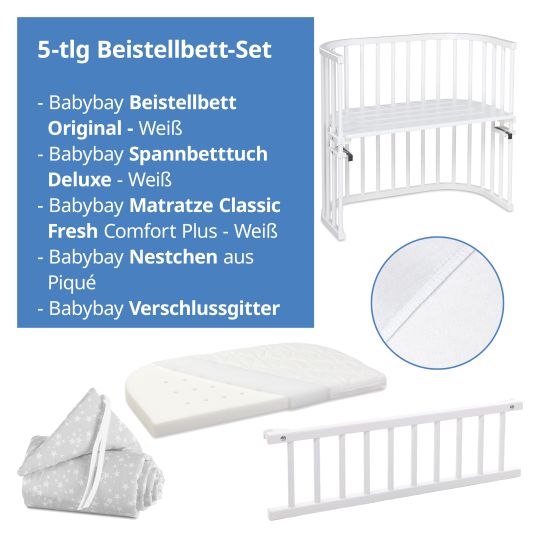 Babybay 5-tlg.- Beistellbett-Set Original mit Matratze Klima Wave, Nestchen Sterne Weiß Perlgrau, Spannbetttuch Deluxe Weiß & Verschlussgitter - Weiß