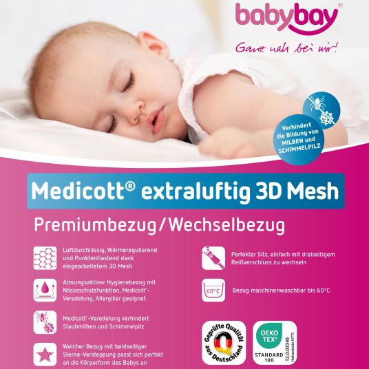 Babybay Rivestimento premium sfoderabile per il materasso a rete 3D extra-aria Medicott per il materasso Original co-sleeper - bianco