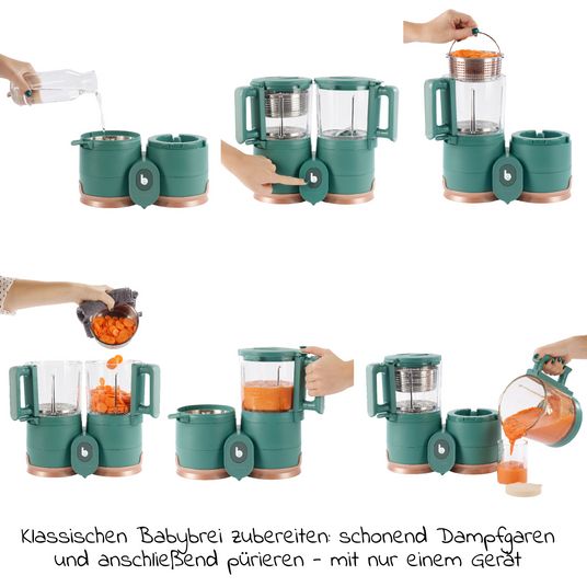 Babymoov Babynahrungszubereiter Nutribaby Glas + GRATIS Aufbewahrungsbehälter 6er Pack ISY Bowls aus Glas - Green Forest
