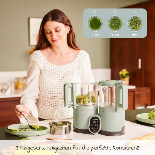 Babymoov Nutribaby Glass baby food maker - gentle steaming, blending, sterilizing, reheating & defrosting - Green Celadon