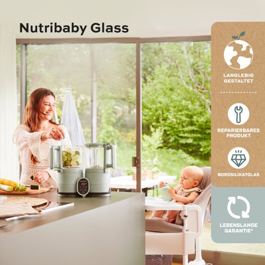 Babymoov Nutribaby Glass baby food maker - gentle steaming, blending, sterilizing, reheating & defrosting - Green Celadon